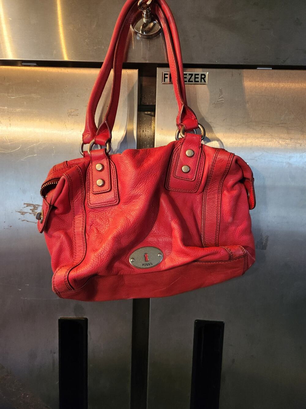 Fossil Red Pebbled Leather Shoulder Bag Handbag Silver Hardware